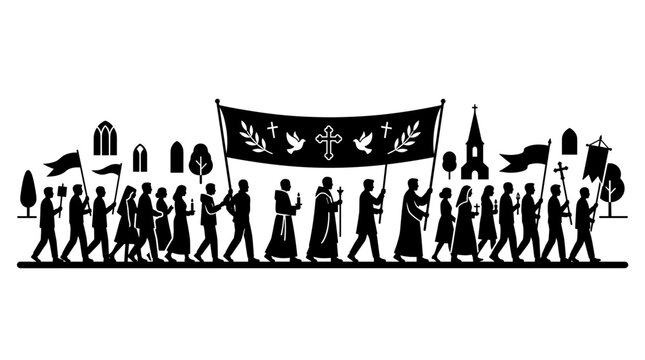 A silhouette depicts a religious procession carrying banners and crosses