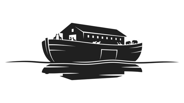 A silhouette of Noah's Ark, sailing on calm waters