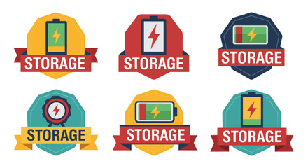 Fototapeta premium Collection of six modern, flat vector emblems featuring battery icons and 'storage' text in vibrant yellow, red, blue, and teal color schemes, symbolizing energy and data