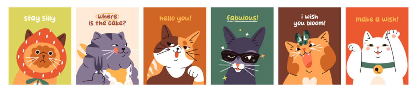 Designs of greeting cards with funny cats set. Cute templates of festive postcards with portraits of kitties. Humorous layouts with faces of silly and comic kittens. Flat vector illustrations