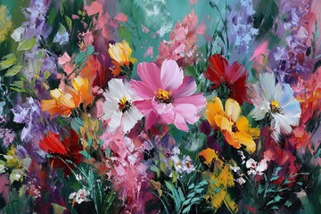 Fototapeta premium A loose impressionist oil painting of a lush flower garden with cosmos and mixed blooms in pink, red, white, and green, rendered with bold expressive brushstrokes.