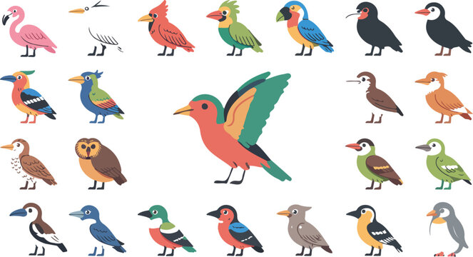 Flat minimalist bird illustration set arranged in grid featuring colorful tropical and woodland birds with central focal parrot composition