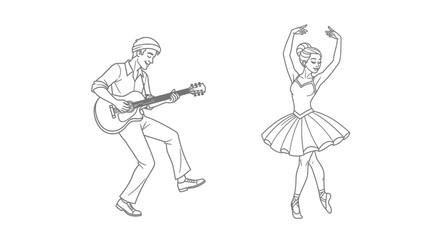 Obraz premium Musician Playing Guitar Next to Ballerina Dancing