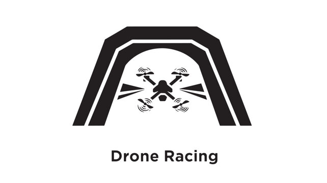 A black and white logo featuring a drone racing tunnel with multiple drones flying through it.