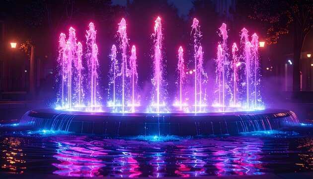 Vibrant Illuminated Fountain Display at Night with Colorful Lights.