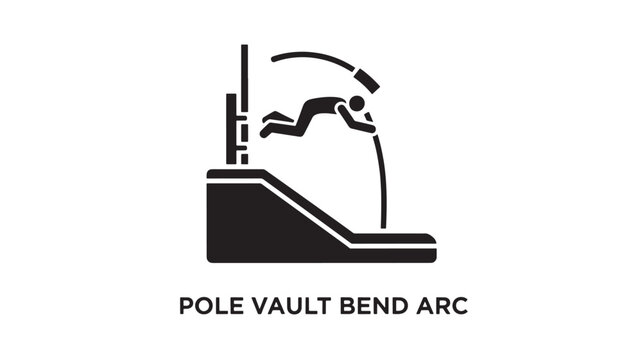 a black and white icon depicting a pole vaulter in mid-air, bending over a pole