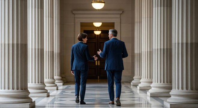 Two Business Professionals Walking Together in a Hallway of a Government Building