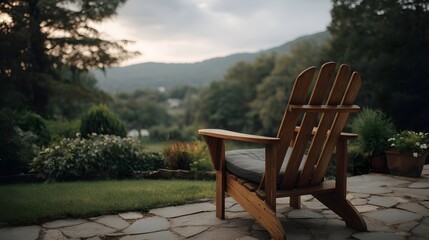 Obraz premium A wooden lounge chair set on a stone patio overlooking a lush green natural landscape