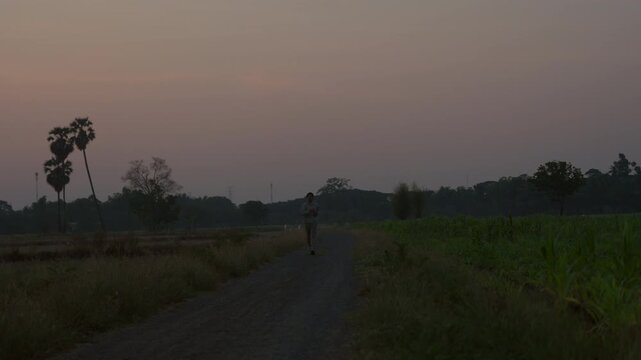 Dusk settles over rural path. Silent fields stretch beside dirt lane. Person runs alone on quiet trail. Tropical palms stand tall in distance. Soft twilight hues paint the sky