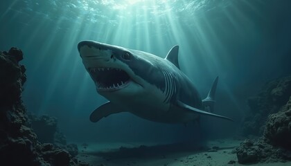 Fototapeta premium Megalodon swims in deep blue ocean water with mouth open showing sharp teeth. Sunlight streams from above illuminating prehistoric predator near coral reefs. Dangerous sea creature moves through