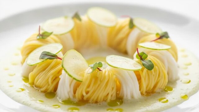 Delicate poached pear slices arranged in a floral dessert pattern