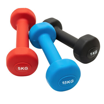 Three dumbbells 1kg 5kg 15kg isolated on transparent background