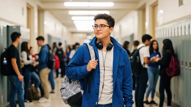 High School Student in Hallway with Backpack and Headphones - Engaged in School Life and Social Interaction
