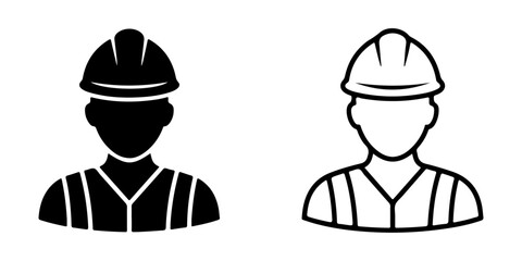 Construction worker icon set with silhouette and outline styles, safety helmet and uniform vector illustration isolated on white background for industry and labor design © MSTROUJATOUS