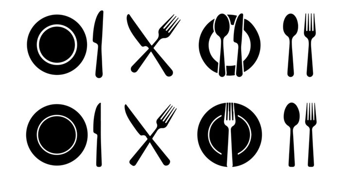 Restaurant cutlery icons with fork and knife in circular badges, silhouette and outline styles for food service dining menu and catering design isolated on white
