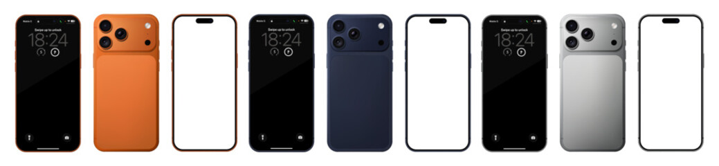 Naklejka premium Detailed orange, blue and silver mobile phone mockup pack. Front and rear view isolated on transparent background. Vector PNG