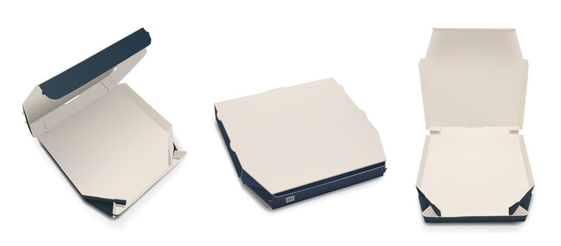 Photorealistic ivory and blue paper cardboard pizza box mockup pack isolated on transparent background. Food delivery degradable package. Vector PNG