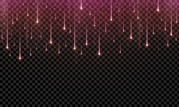 Realistic pink starfall isolated on transparent background. Stars, glitter, sparkles fireworks falling down. Festive celebration element. Vector illustration