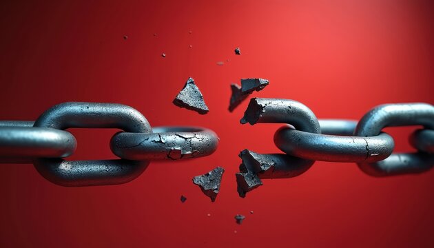 Metal chain breaks apart into fragments against vivid red backdrop. Links shatter with metal debris flying off, freedom, release from confinement. Strong metal structure fails under extreme force,