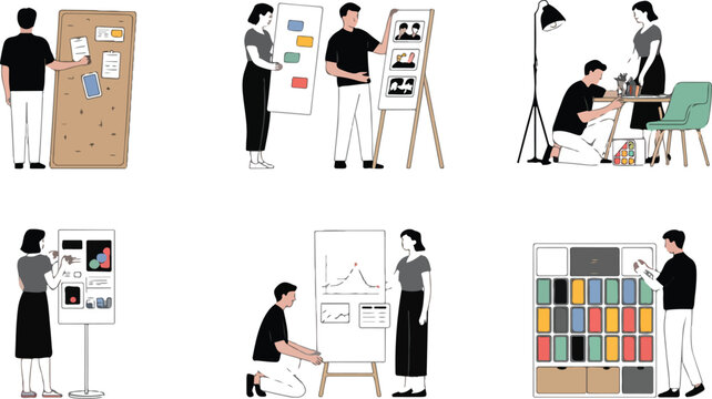 Minimalist office scene illustration set of eight professional work activities arranged in 2x4 grid with line art and color accents