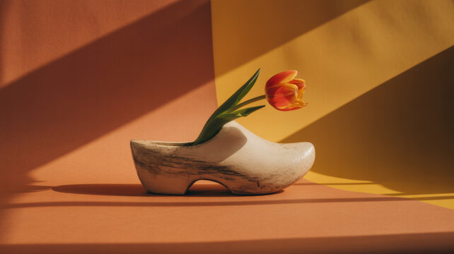 Orange tulip emerging from traditional Dutch wooden clog with dramatic shadow warm light
