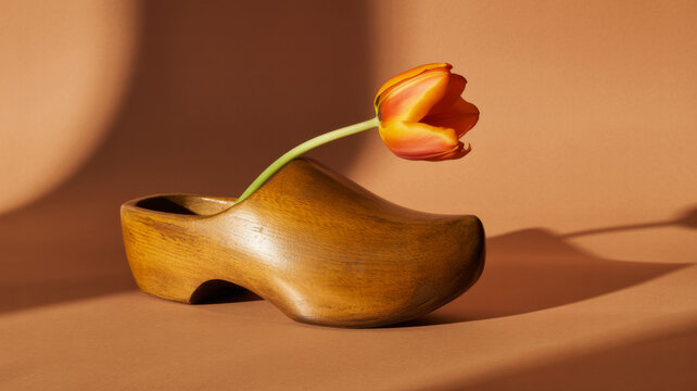 Orange tulip growing from wooden Dutch klomp clog traditional Holland symbol warm light