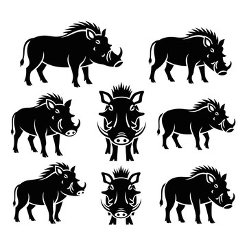 Warthog Silhouette Collection: Multiple Poses of Wild Boar Animal Icon