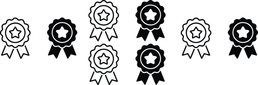 Minimalist black and white award ribbon icon set with rosette badges and star symbols arranged in clean grid layout