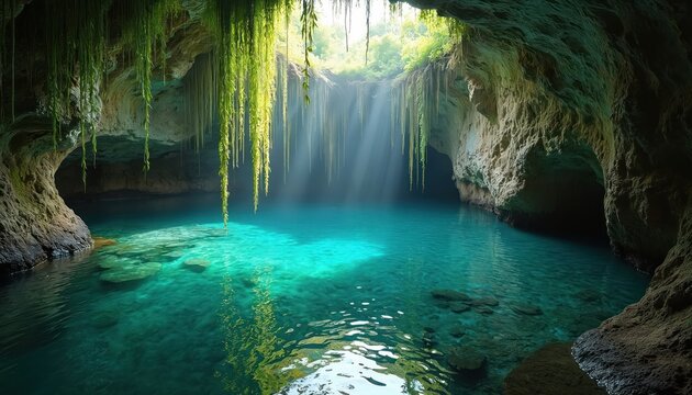 Cave opening reveals bright turquoise water pool. Sun rays pierce through hanging green vines, illuminating submerged rocks and sandy bottom. Natural grotto with clear fresh water.