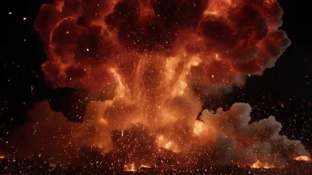 Massive Explosion with Fiery Blast and Flying Debris at Night.