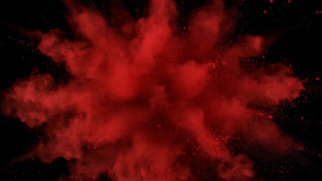 Red Powder Explosion on Black Background, Dynamic Burst of Color.