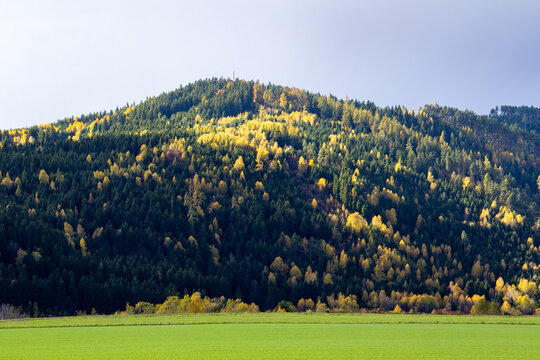 Mountain landscape in the autumn season. View from Hirt, in the Gurktal Valley, Carinthia, Austria