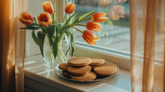 Stack of Dutch stroopwafels on plate with orange tulips and windowsill traditional Holland treat