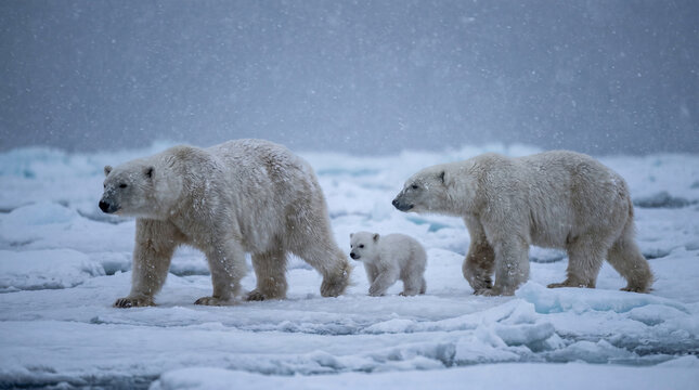 Polar bear family walking on ice during snowfall. Two adults and a cub in frozen arctic landscape. Winter wildlife survival concept
