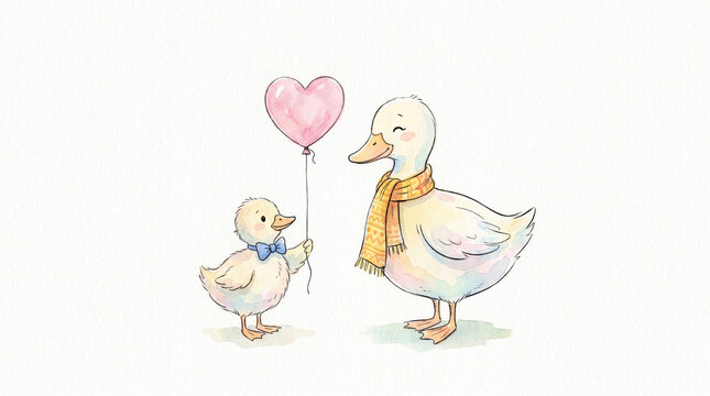 Cute watercolor illustration of a duck family. Little duckling with a pink heart balloon and adult duck with a scarf