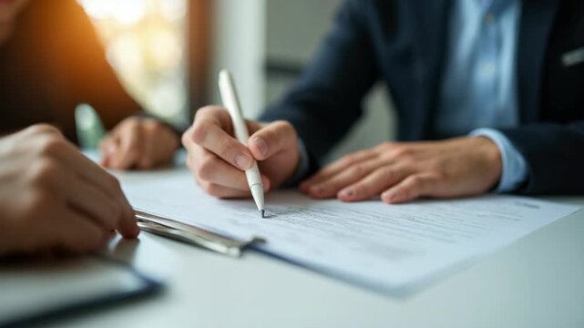Man pointing at document and woman putting signature at table, closeup.
