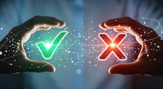 Hands Holding Green Check Mark and Red X Symbolizing Choice Decision Making