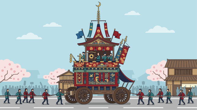 A striking flat design illustration of a traditional Hoko float, symbolizing the grandeur of Kyoto's Gion Festival. 