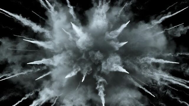 Abstract White Powder Explosion on Black Background with Dynamic Burst Effect.