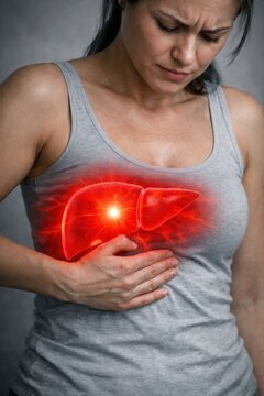 Woman with liver pain, glowing red liver illustration