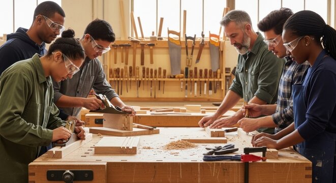 Woodworking class, students learning carpentry skills