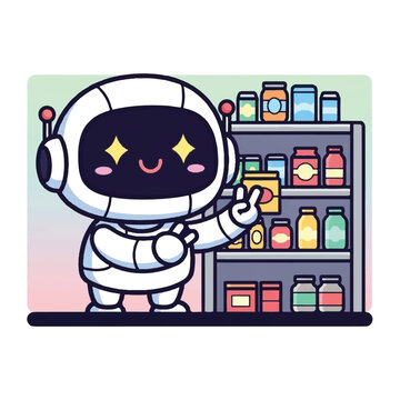 Cute Robot Character Standing Next to Shelves.