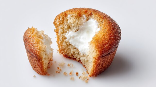 A golden brown muffin broken in two pieces with a creamy white frosting center isolated on a smooth white background surface