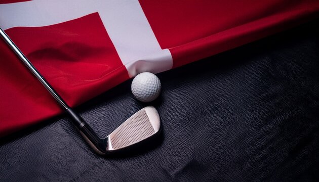 golf club and golf ball placing on denmark flag in the dark; free space for text