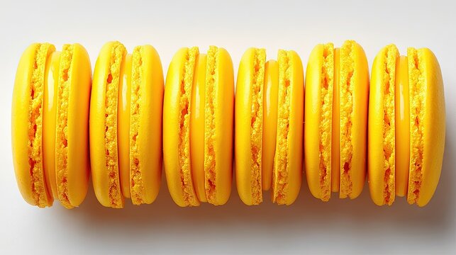 Six bright yellow macaron cookies arranged in a horizontal row on a plain white background viewed from above at eye level