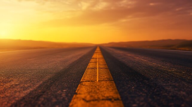 Empty asphalt highway stretching toward golden sunset horizon featuring yellow center line marking in a cinematic perspective for travel and adventure concepts