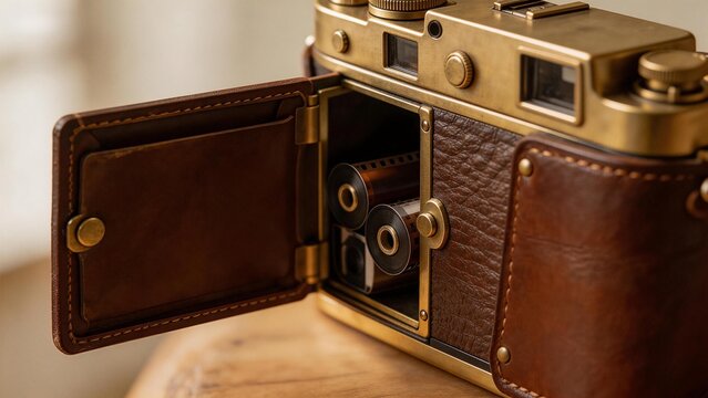 Vintage camera with film rolls