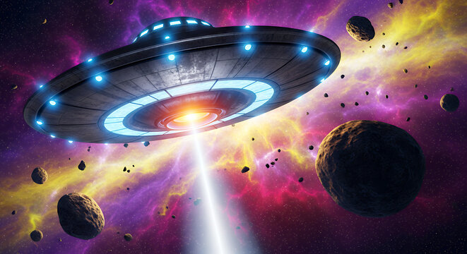 Glowing blue u f o ship with white light beam in purple and pink cosmic space spaceship