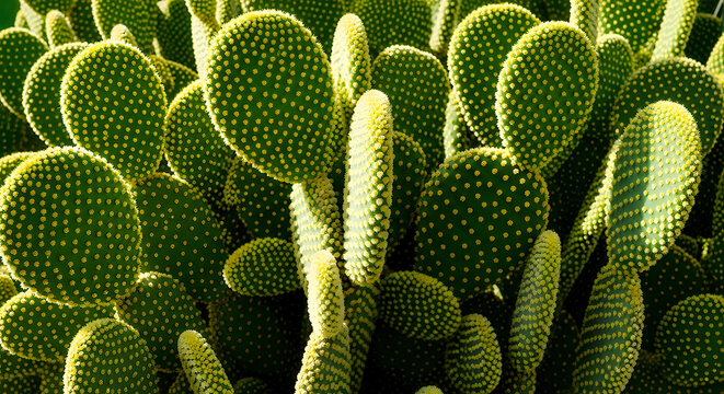 Green cacti with round shapes and spines closeup in sunlight