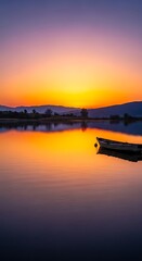 Obraz premium A serene lone boat floating on a calm lake during a vibrant golden hour sunset.